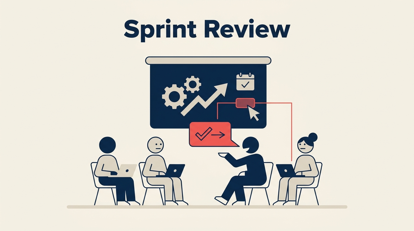 Sprint Review: completed product increment on a review pedestal surrounded by feedback arrows and backlog cards