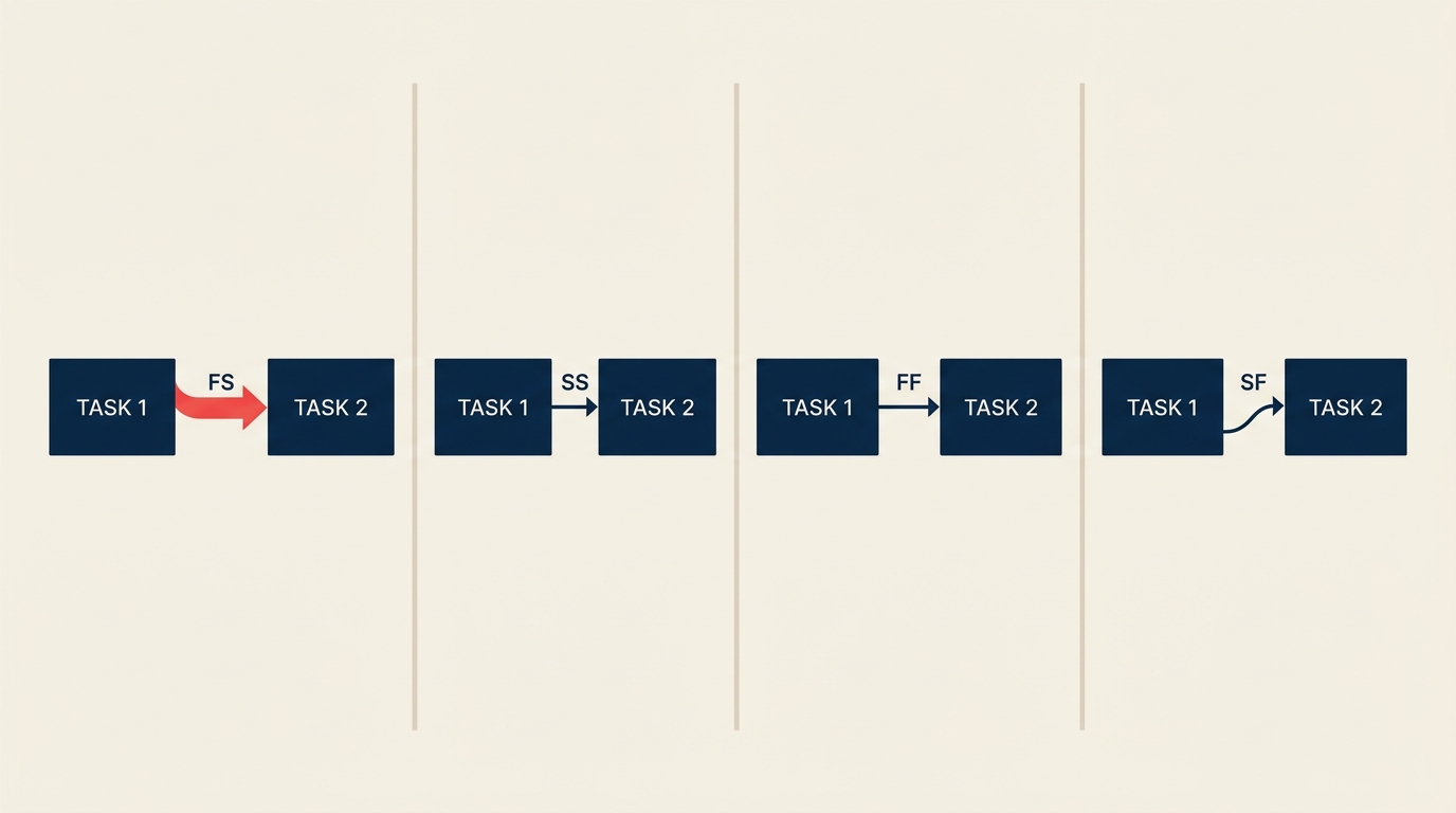 Task Dependencies Explained visual showing two task bars connected by four relationship joints