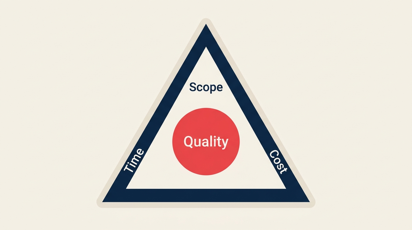 Triple-Constraint-Eisernes-Dreieck mit Umfang, Zeit und Kosten sowie Qualität in der Mitte