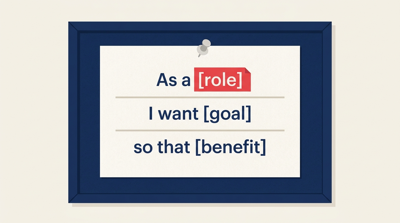 How to Write User Stories visual showing three-part story card assembled by user goal benefit objects