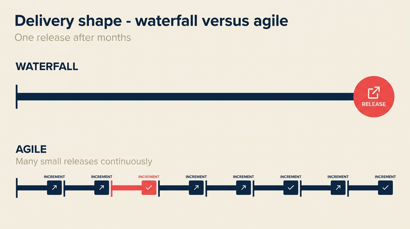 Comparativa de entrega Agile versus Waterfall: Waterfall como un solo lanzamiento grande y Agile como muchos incrementos pequeños