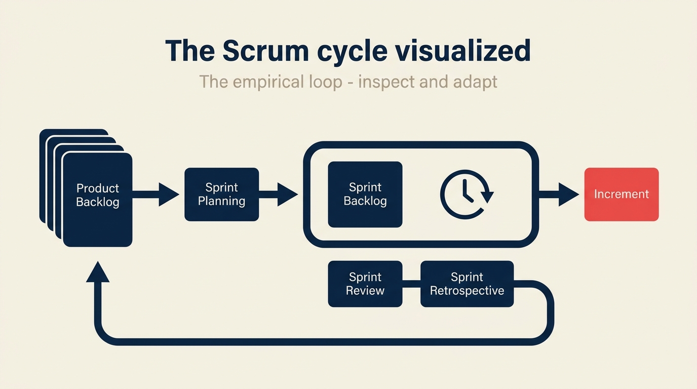 Product BacklogからSprintプランニング、Sprint Backlog、Daily Scrum、スプリントレビューへの流れを示すScrumサイクル図