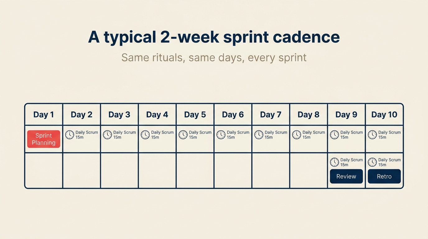 プランニング、Daily Scrum、スプリントレビュー、スプリントレトロスペクティブの配置を示す2週間Sprintのカレンダー