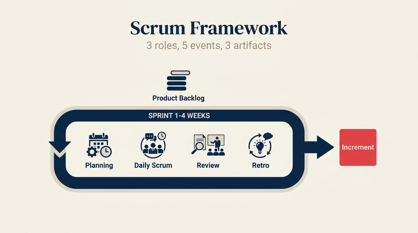 Product Backlog・Daily Scrum・スプリントレビュー・スプリントレトロスペクティブを含むSprintサイクルを示すScrumフレームワーク図