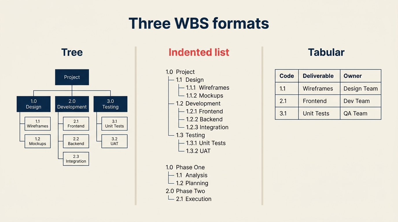 Drei WBS-Formate nebeneinander: Baum, eingerückte Liste, Tabelle