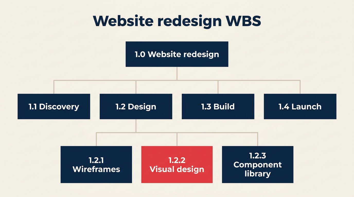 WBS-Beispiel für ein Website-Redesign mit WBS-Codes, Liefergegenständen und Arbeitspaketen