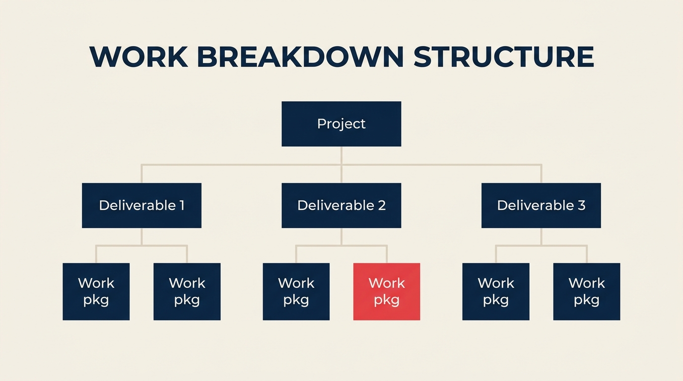 Work breakdown structure branching from project scope to work packages