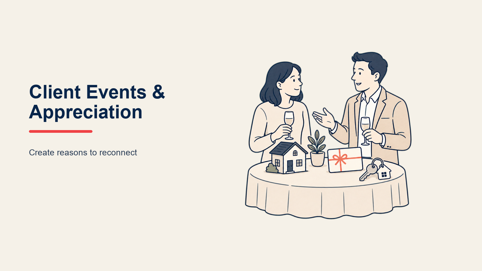 Real Estate Client Events and Appreciation illustrated with a tasteful event invitation, home key, calendar, and small gathering-table symbol woven into a circular relationship ribbon, one coral RSVP marker.
