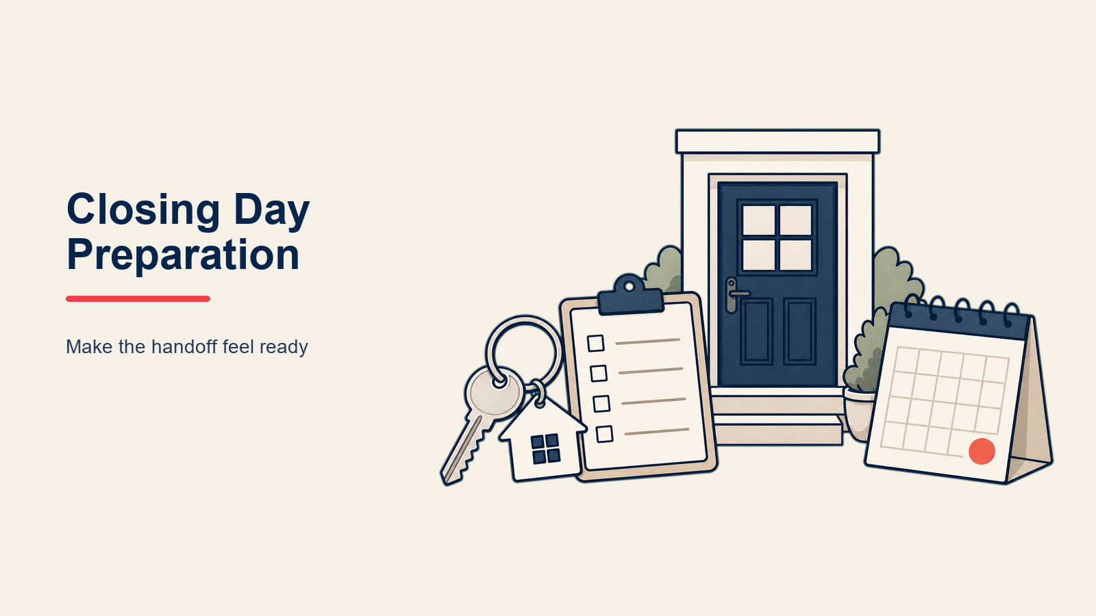 Closing Day Preparation illustrated with a 72-hour countdown calendar layered with a contract folder, walkthrough key, wire confirmation, and final coral house key, compact still life.
