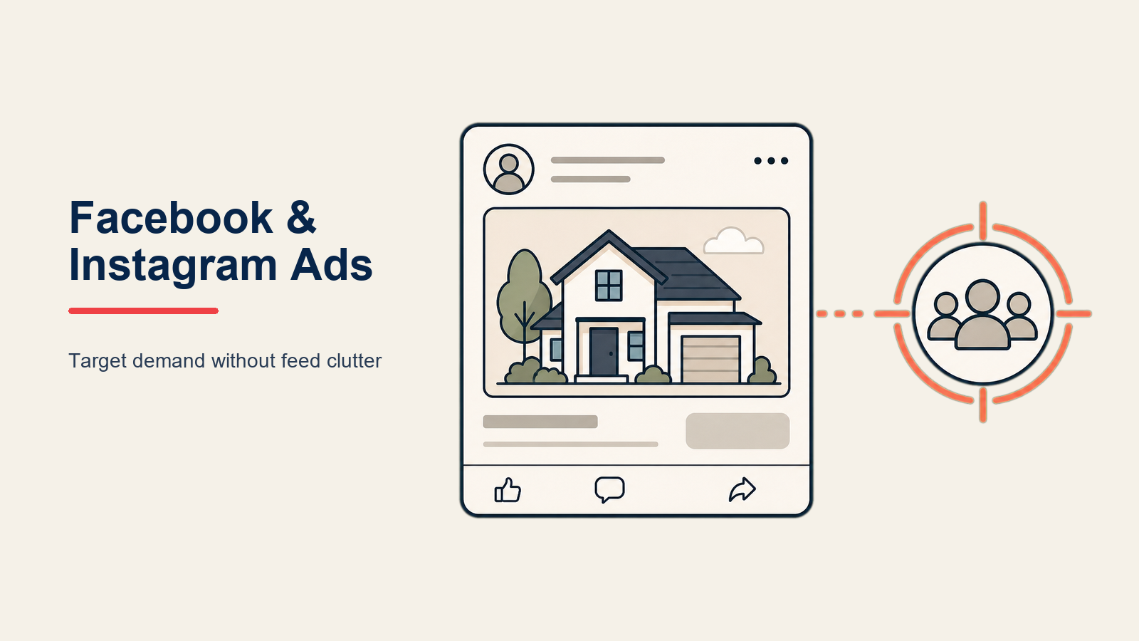 Facebook and Instagram Ads for Real Estate illustrated with a house-shaped campaign engine joining objective compass, audience lens, creative spark, nurture conveyor, and ROI gauge
