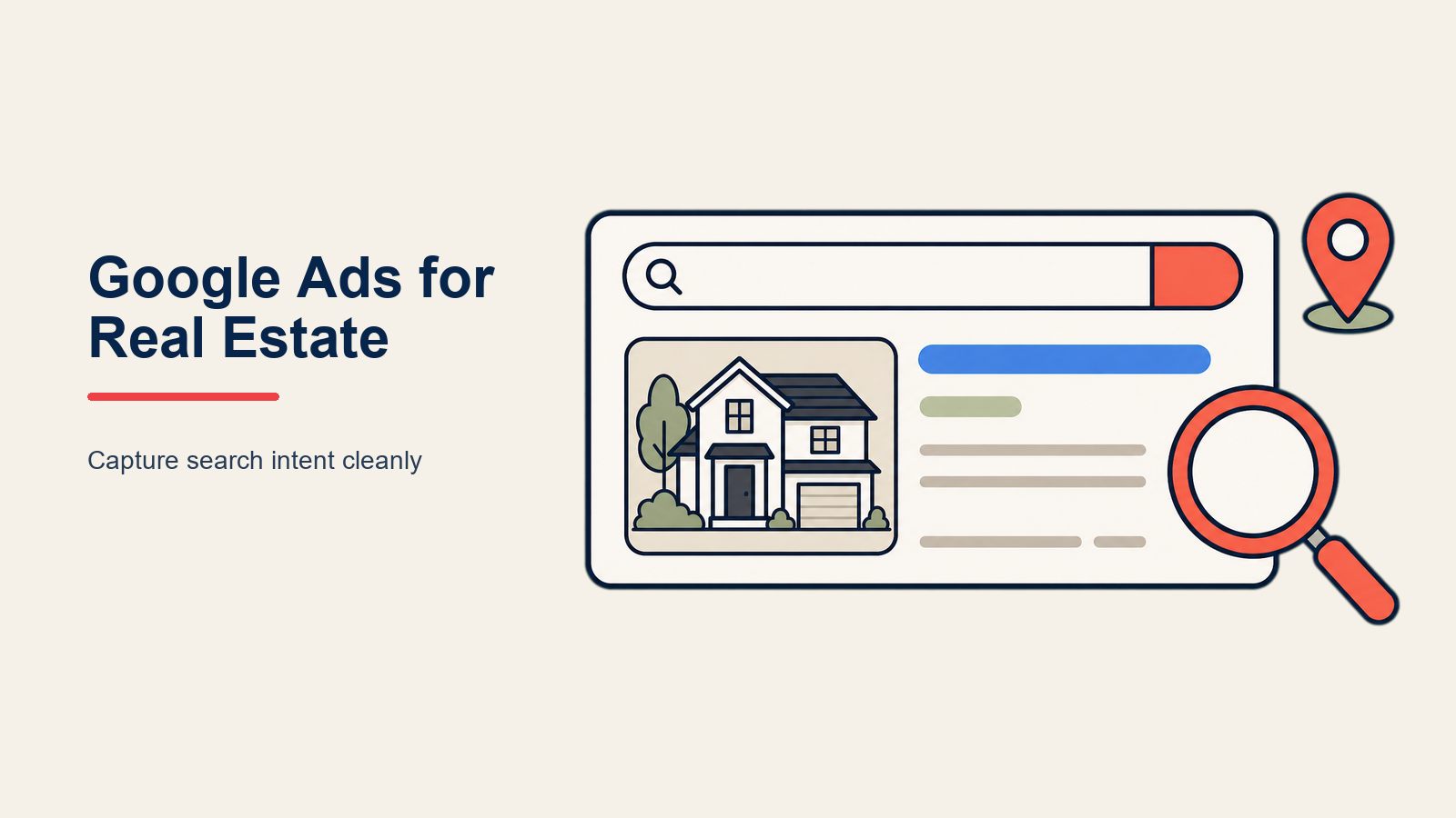 Google Ads for Real Estate illustrated as search lens focusing local homebuyer intent into qualified leads
