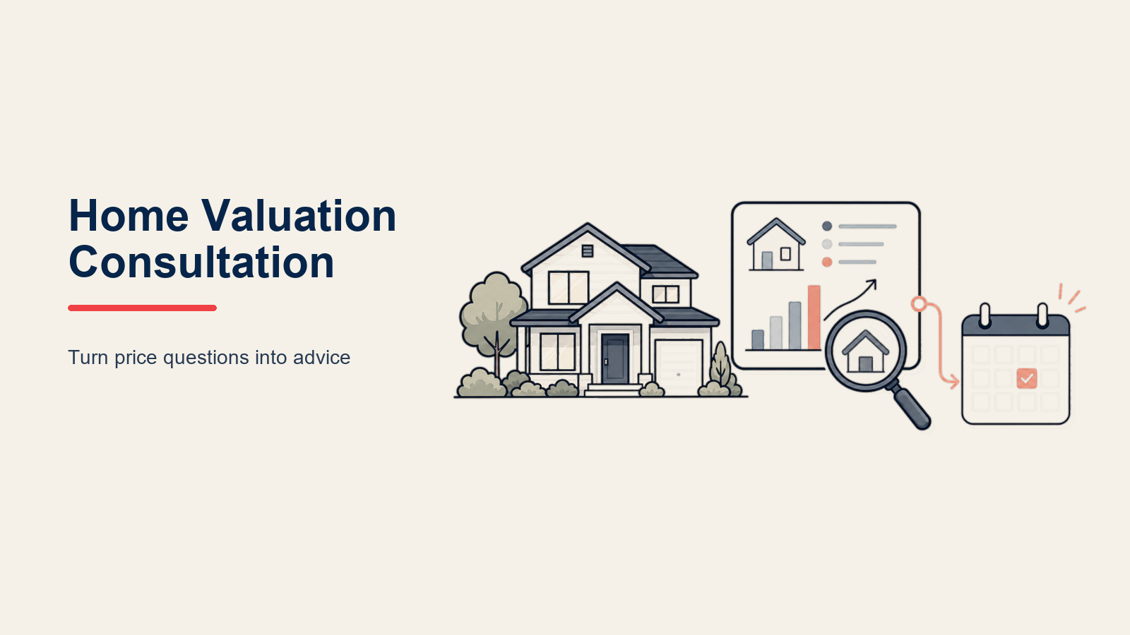 Home Valuation Consultation illustrated with a house inside a valuation lens that focuses scattered comparable markers into one confident listing path