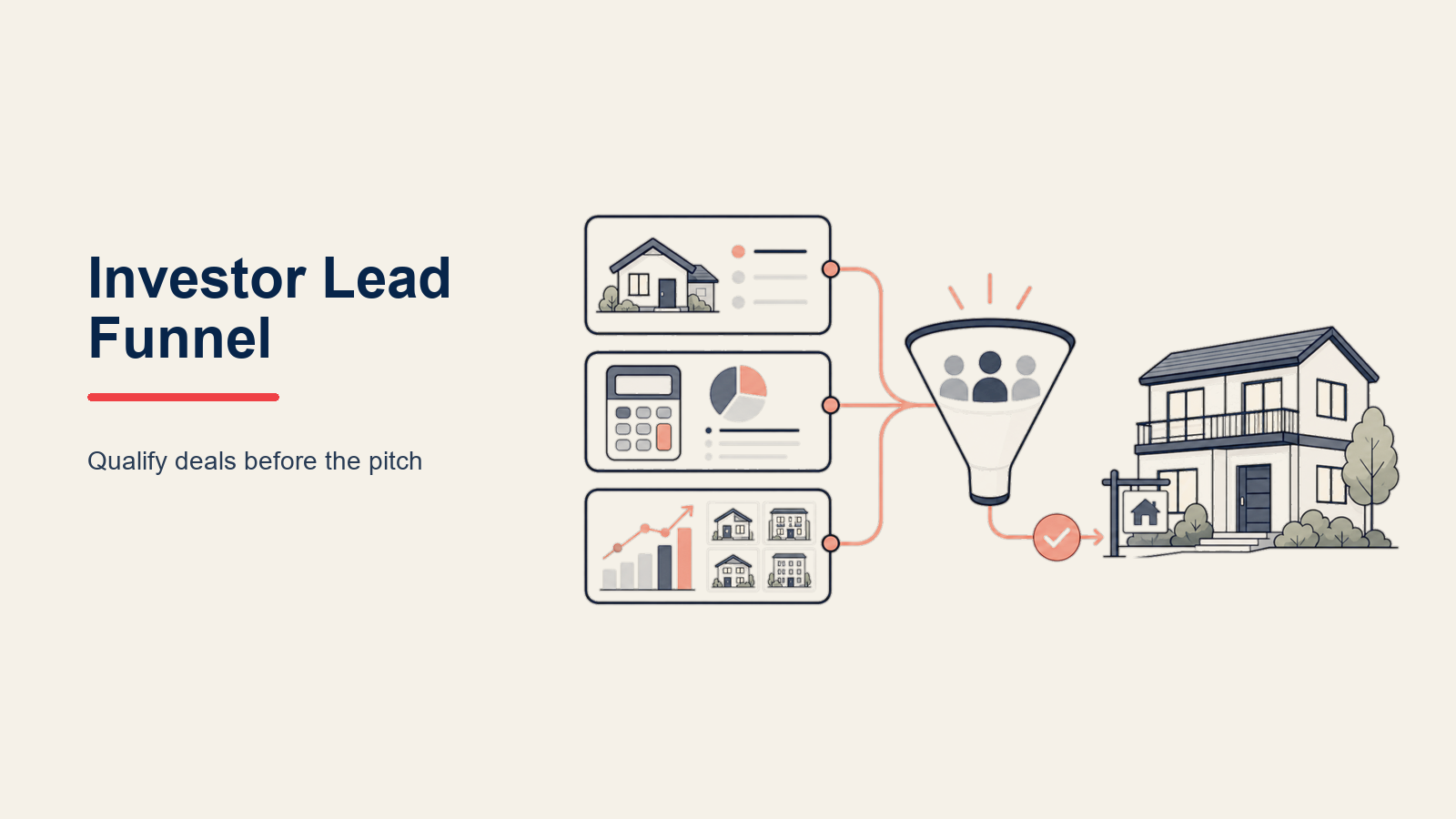 Real Estate Investor Lead Funnel illustrated with a wide investor journey from market magnet through deal-analysis lens and due-diligence gate to a small property portfolio, with one coral closed-deal marker; sparse arrows.