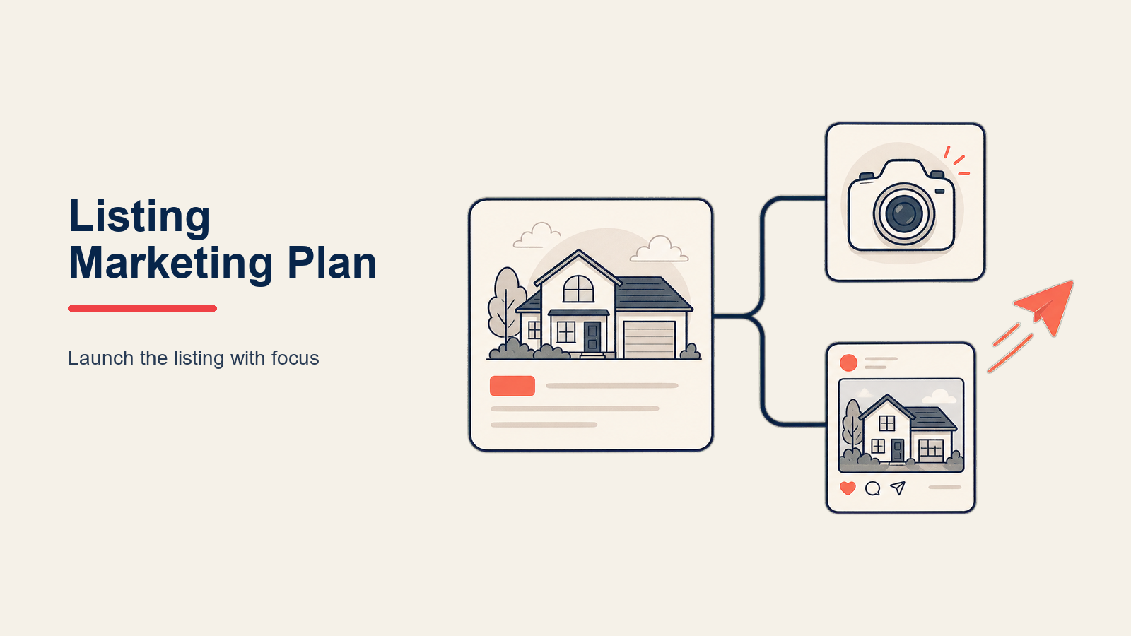 Real Estate Listing Marketing Plan illustrated with a featured house at the center of a coordinated marketing orbit with presentation lens, channel signals, buyer magnet, and measurement gauge