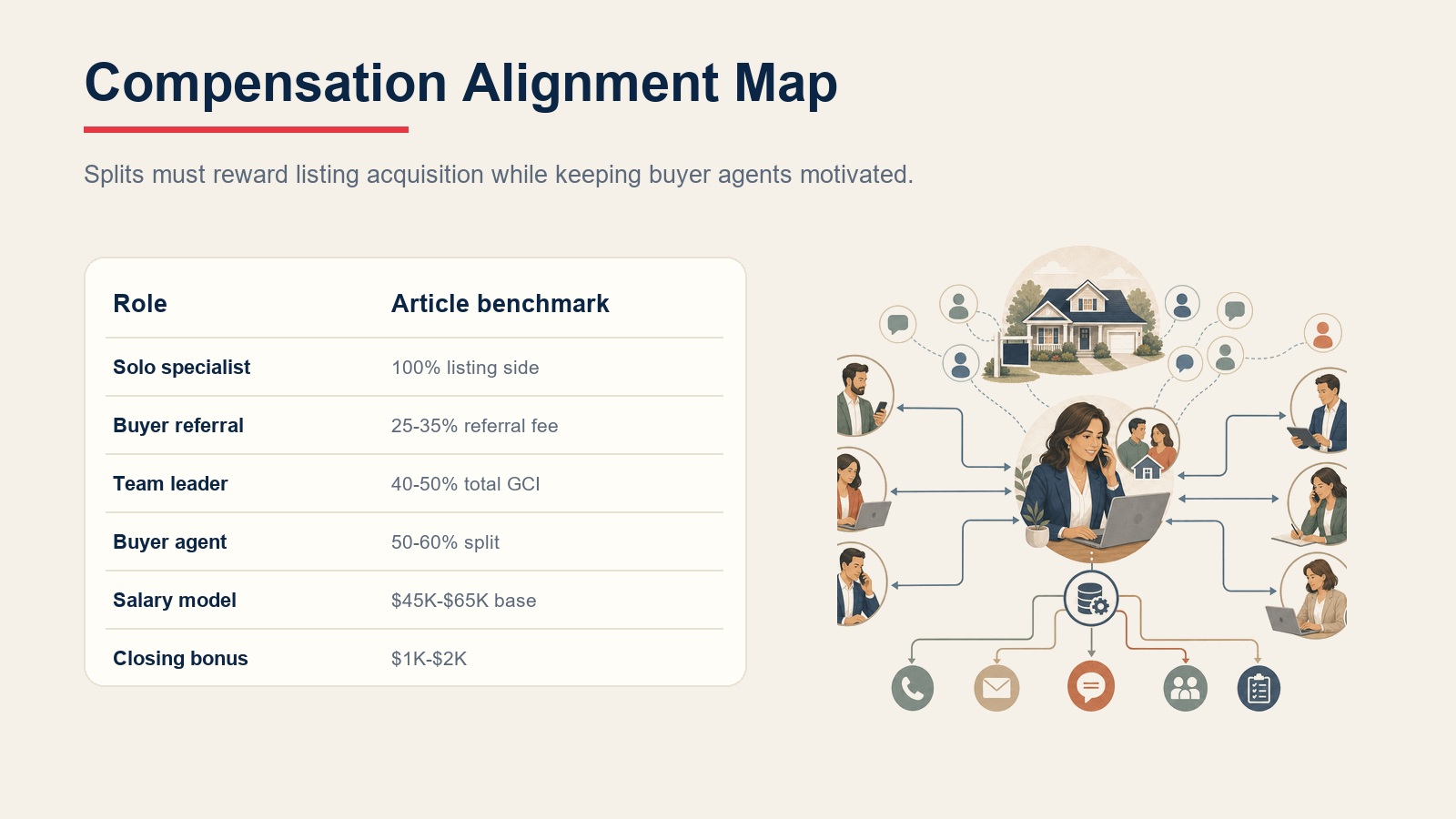 Mapa de alineación de compensación para especialistas en listings, referencias de compradores, agentes de compradores, modelos de salario y bonos