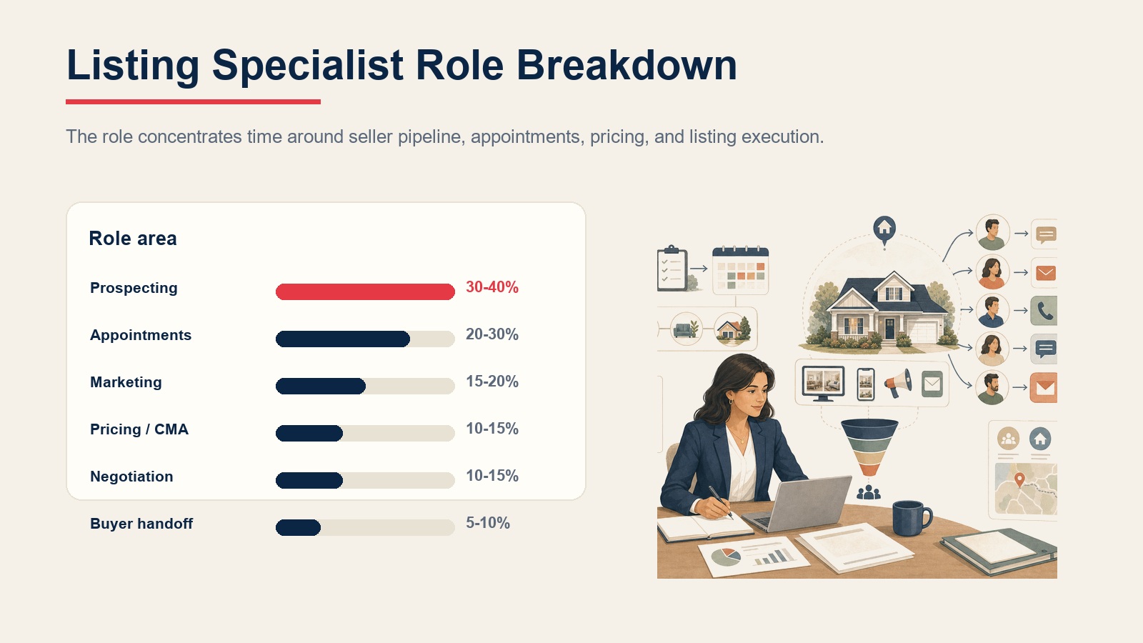 Desglose del rol del especialista en listings a través de prospección, citas, marketing, precios, negociación y entrega de compradores