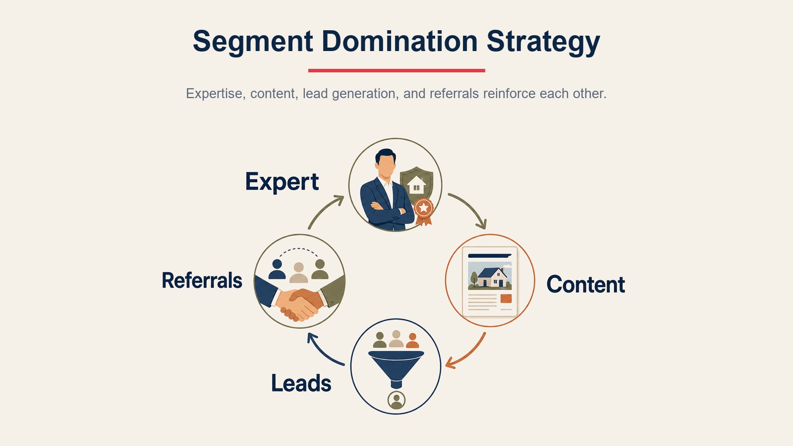 Volante de estrategia de dominación de segmento inmobiliario mostrando posicionamiento de experto, contenido, leads y referidos