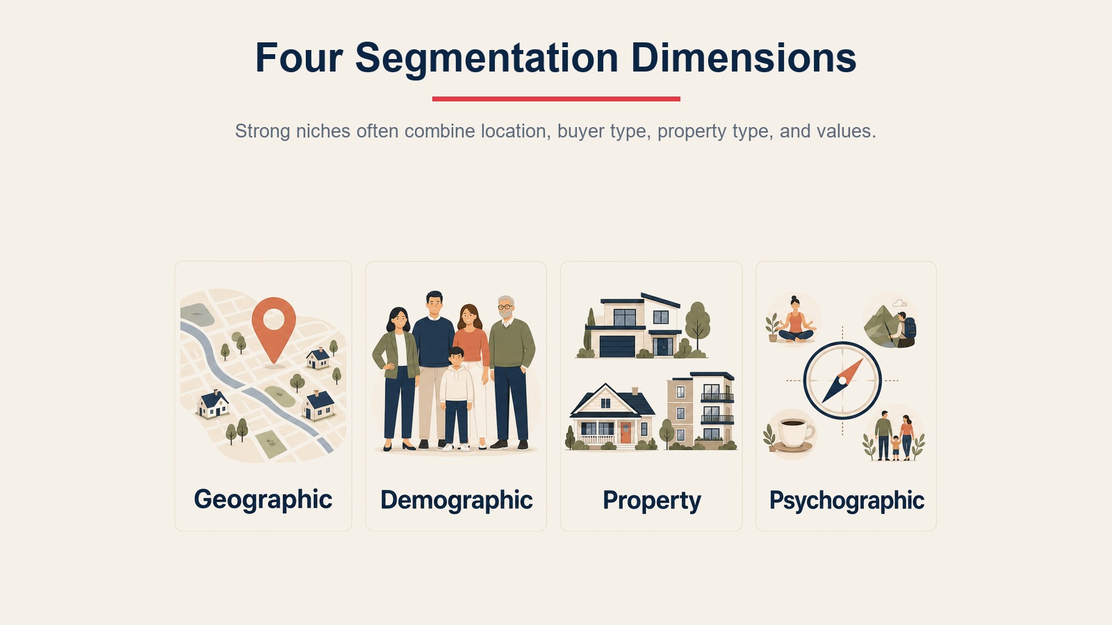 Cuatro dimensiones de segmentación del mercado inmobiliario mostrando áreas de enfoque geográfico, demográfico, de propiedad y psicográfico