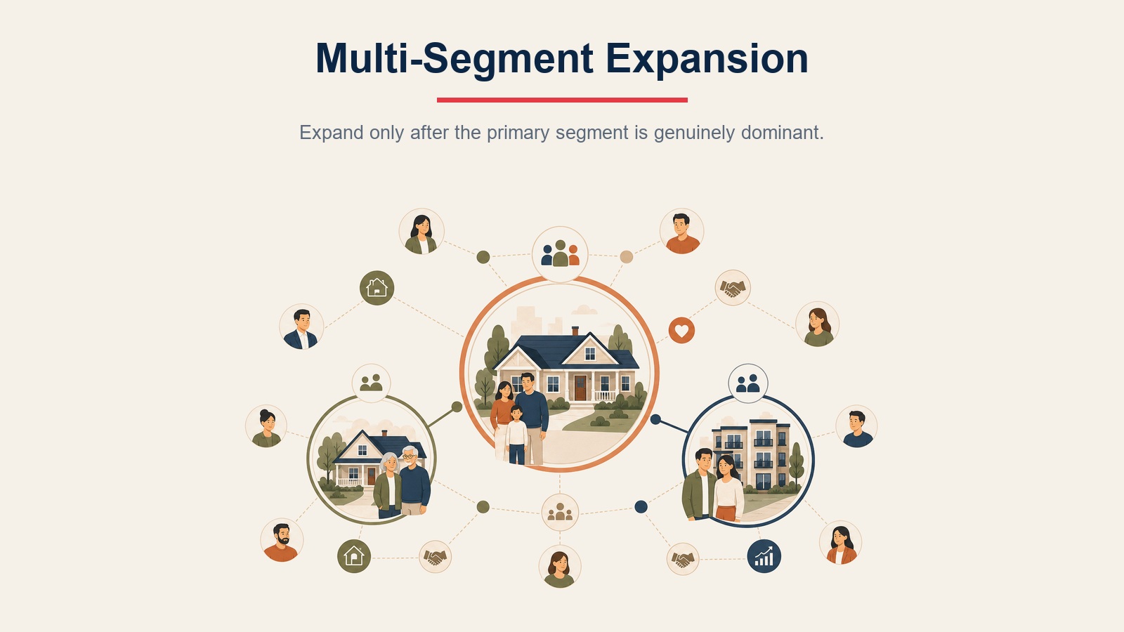 Modelo de expansión inmobiliaria multi-segmento mostrando un nicho primario dominante expandiéndose hacia segmentos adyacentes relacionados