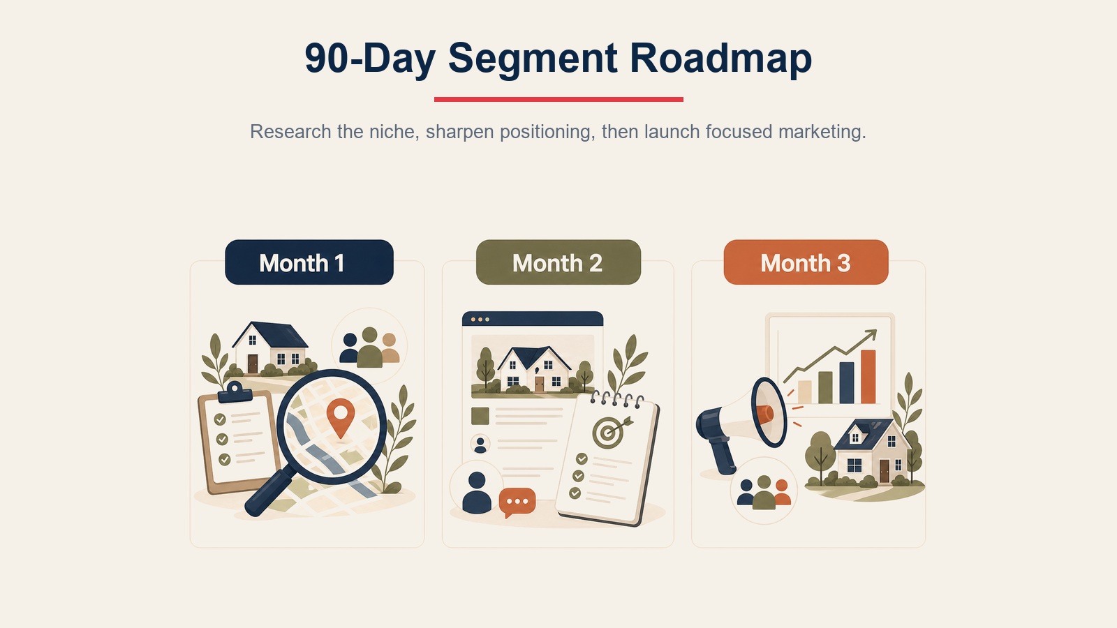 Hoja de ruta de noventa días de dominación de segmento inmobiliario mostrando las etapas de investigación, posicionamiento y momentum de marketing