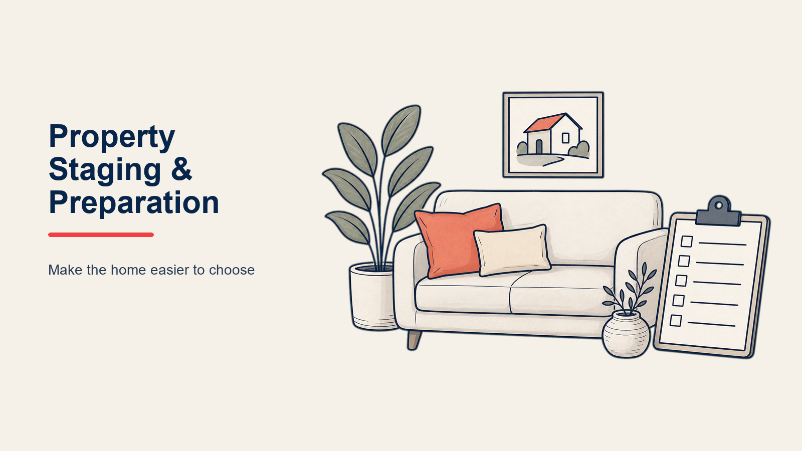 Property Staging and Preparation: a staged-home preparation kit with assessment clipboard, paint roller, storage box, camera, and coral front-door key