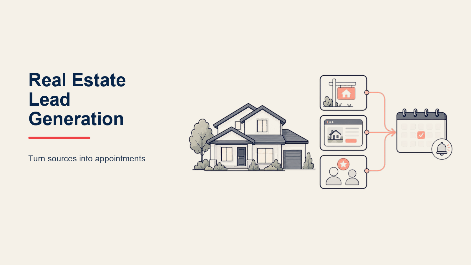 Real Estate Lead Generation Strategy illustrated with four distinct streams from database, referral handshake, ad card, and partner building converge into a property pipeline and one coral appointment marker.