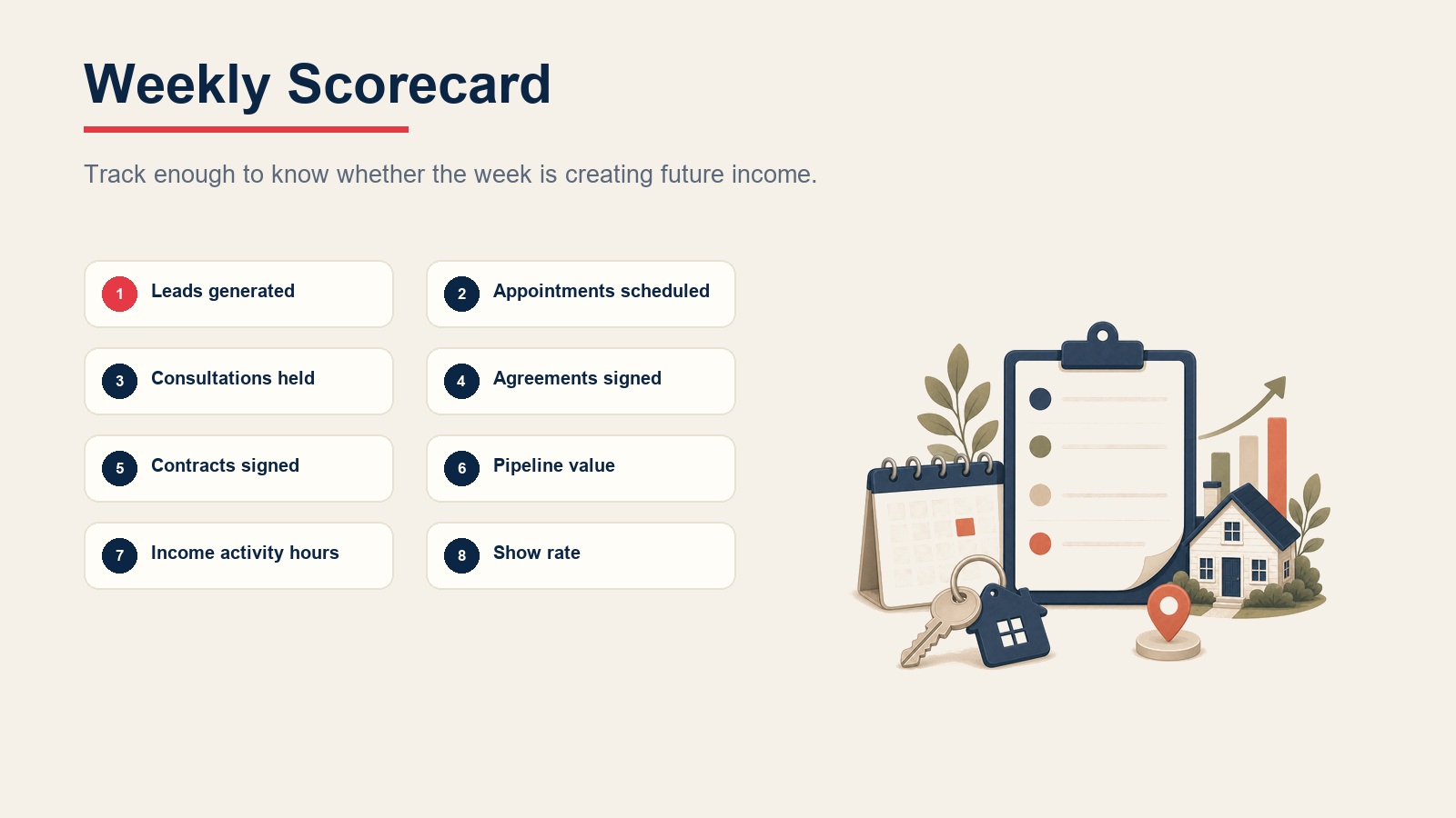 Grade do scorecard semanal imobiliário mostrando leads, visitas, consultas, contratos, negócios, valor do pipeline, horas de atividade de receita e taxa de comparecimento