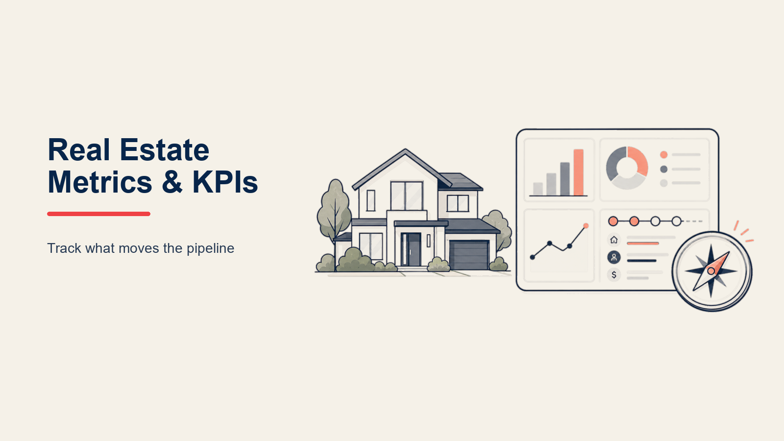 Real Estate Metrics and KPIs illustrated by House-shaped instrument panel with a compass needle aligning activity tokens to one coral revenue signal