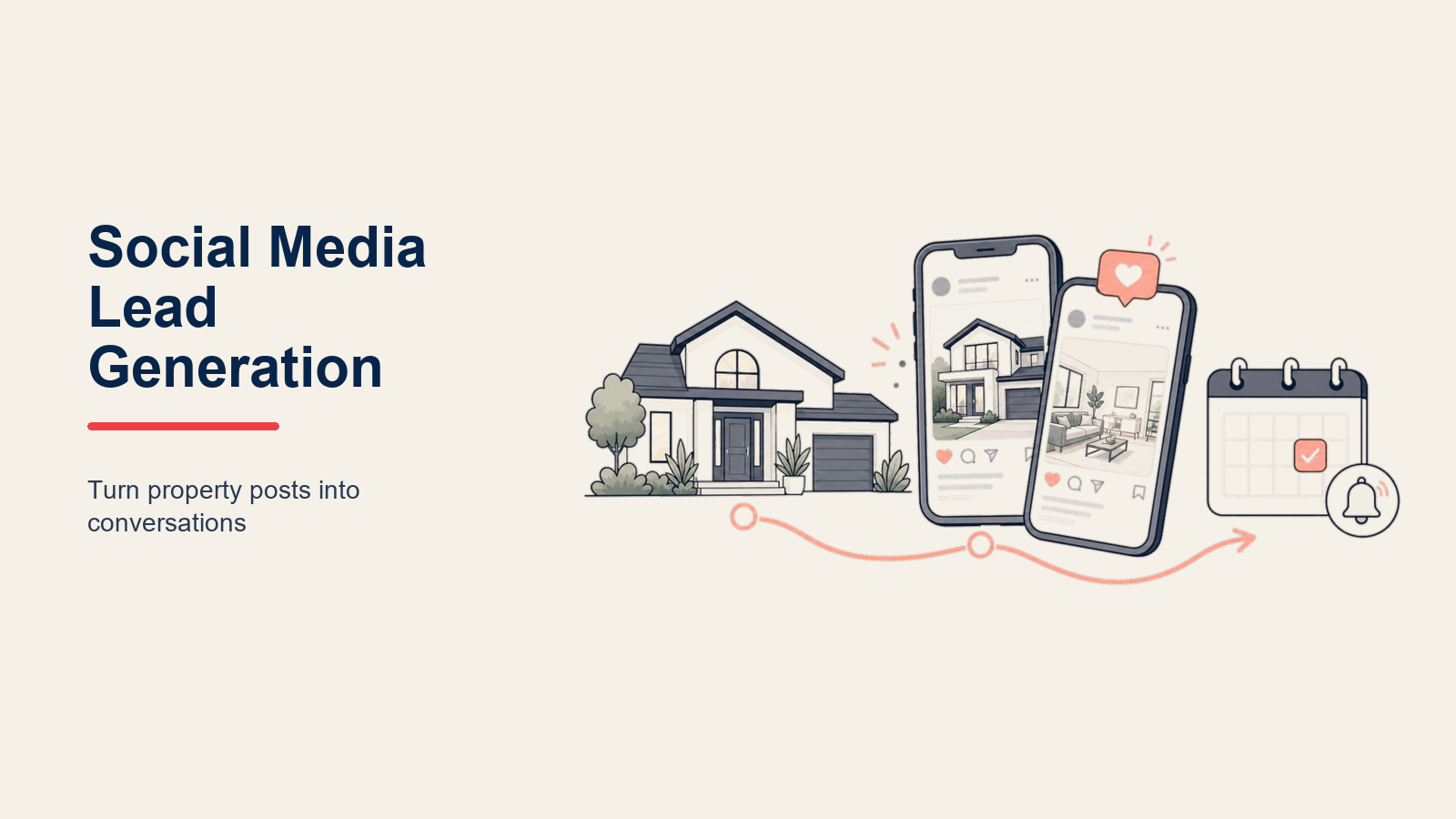 Social Media Lead Generation for Real Estate: a property-shaped signal tower gathering social pulses into one coral lead key