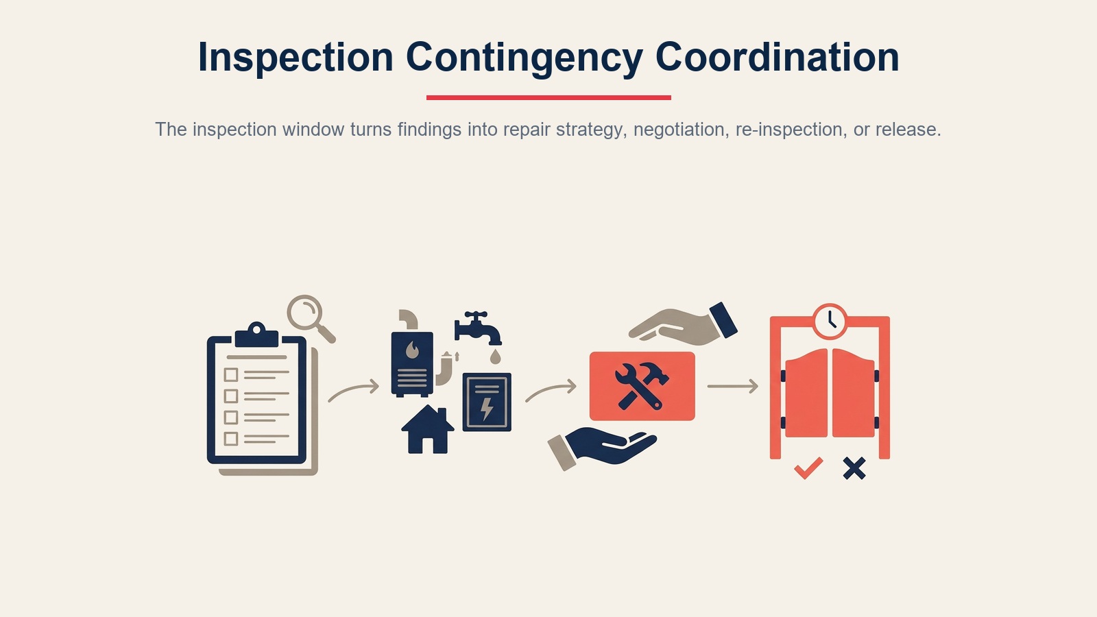 Inspection contingency coordination flow from findings to repair strategy and resolution