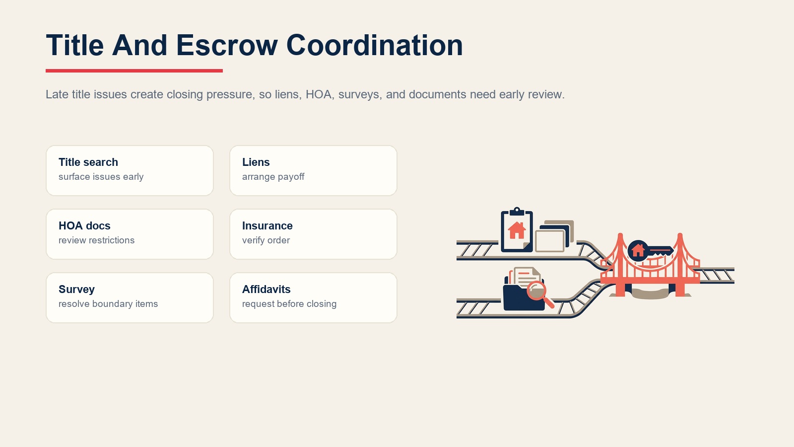 Title and escrow coordination checklist for search, liens, HOA docs, insurance, survey, and affidavits
