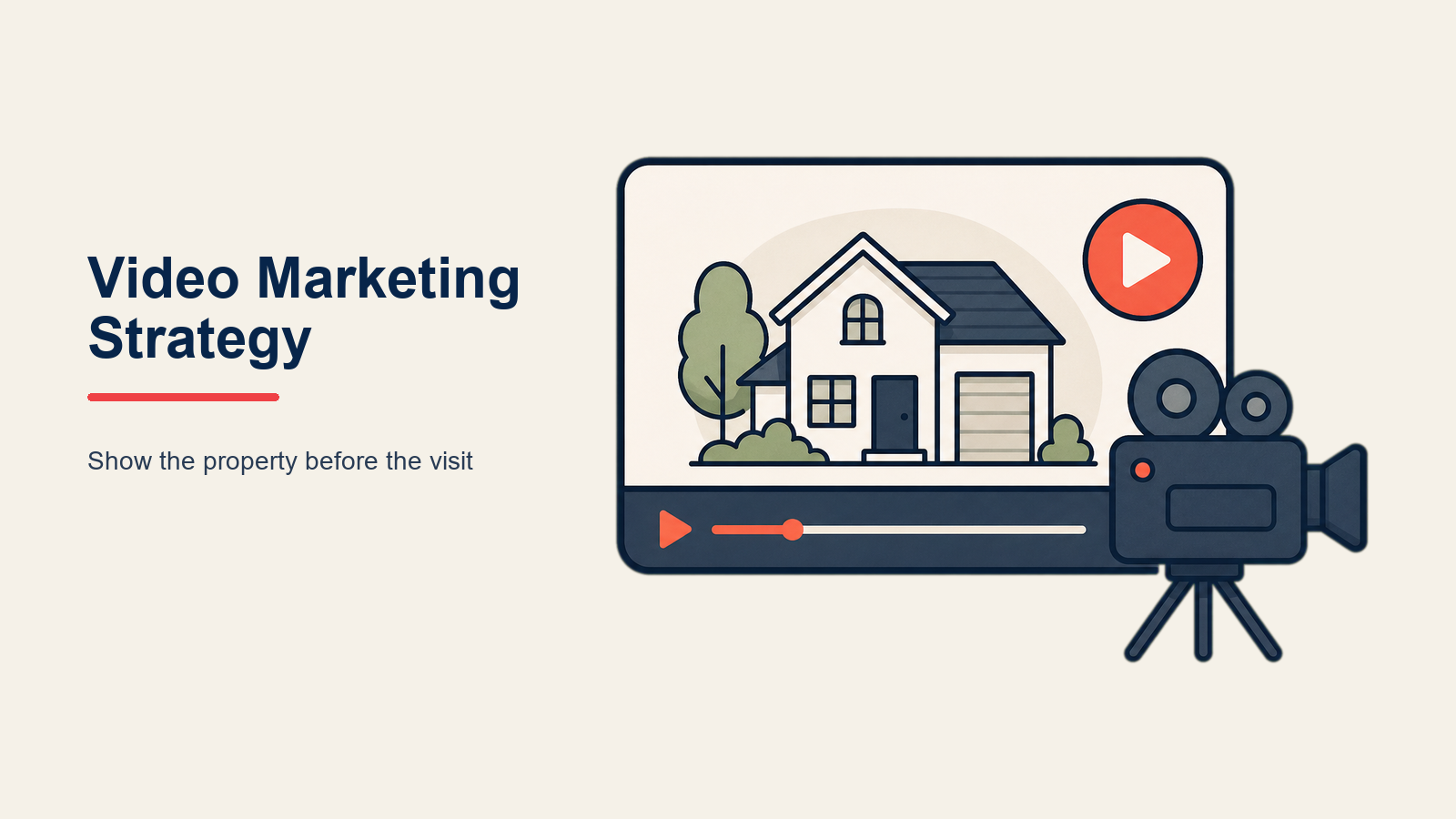 Real Estate Video Marketing Strategy illustrated as camera turning property stories into audience and lead signals