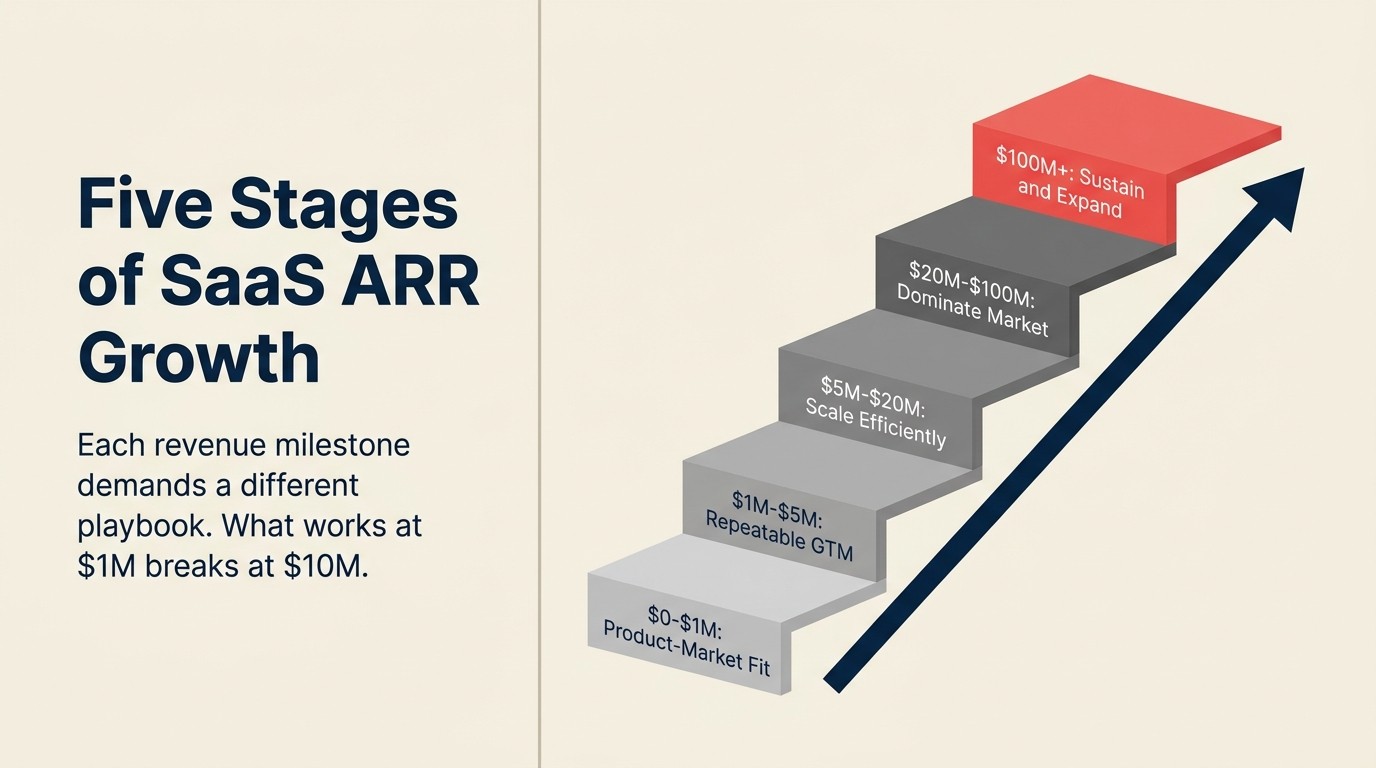 Escada de crescimento de ARR em cinco estagios de zero a 100M ARR com o foco estrategico chave em cada estagio