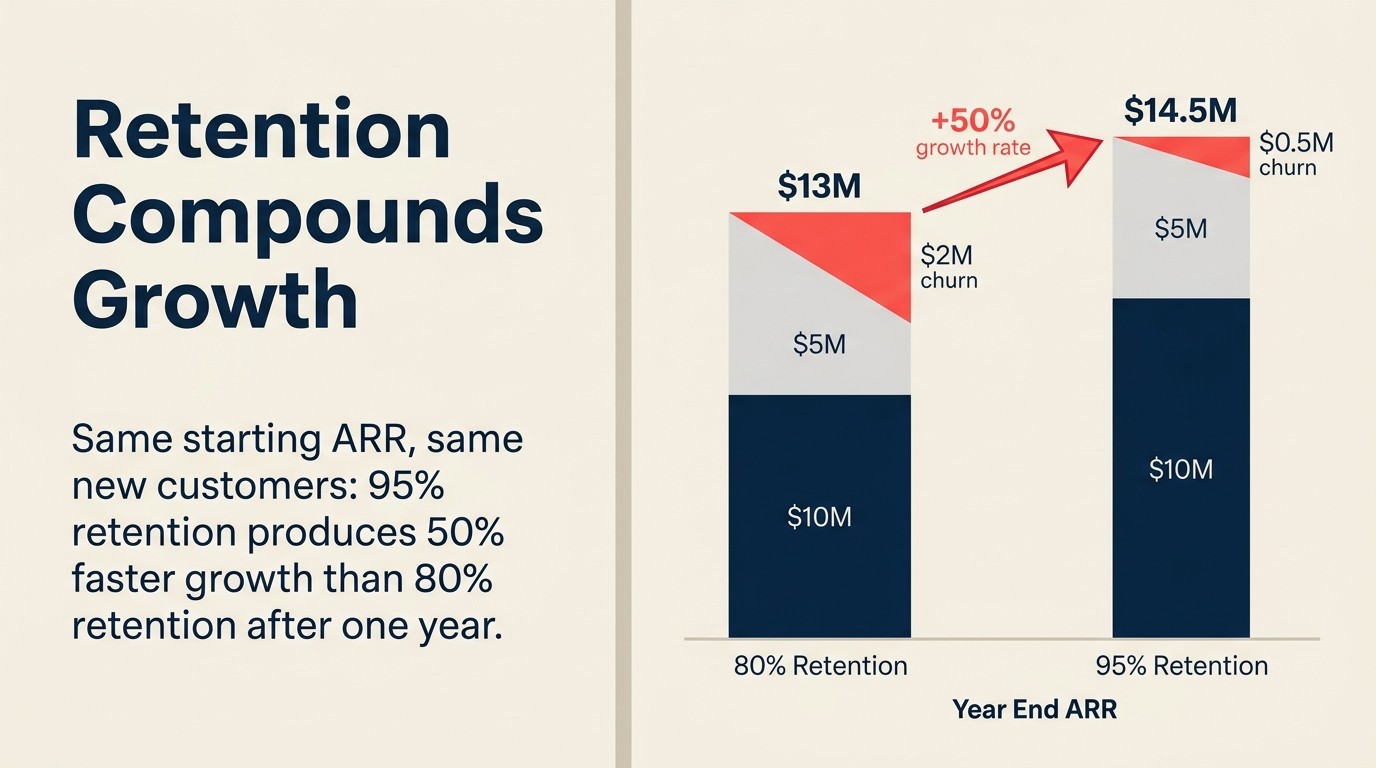 Grafico comparando retencao anual de 80% versus 95% mostrando como uma diferenca de 15 pontos se compoe em 50% mais crescimento