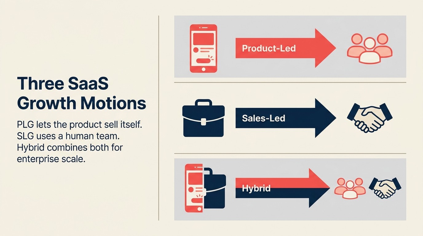 Tres movimentos de crescimento B2B SaaS, liderado pelo produto, liderado por vendas e hibrido, mostrados como trilhas estrategicas distintas