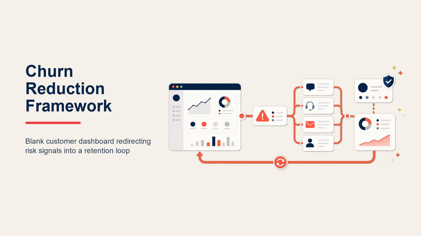 Churn Reduction Framework illustrated with a retention reservoir with a smart valve sealing several leak types while a coral health signal stays stable