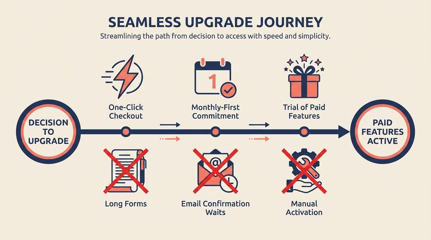 Mengurangi gesekan upgrade dengan alur satu klik dan komitmen progresif