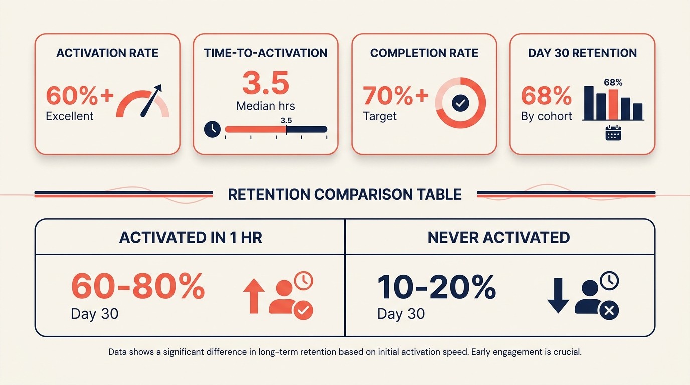 Dashboard de métricas de activación rastreando la tasa de momento aha y la retención por cohorte