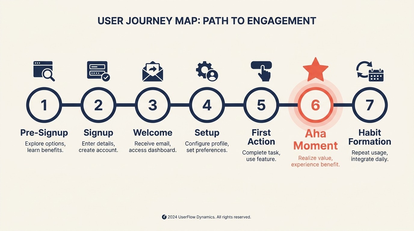 Mapa del viaje de onboarding de siete etapas desde el pre-registro hasta la formación de hábitos