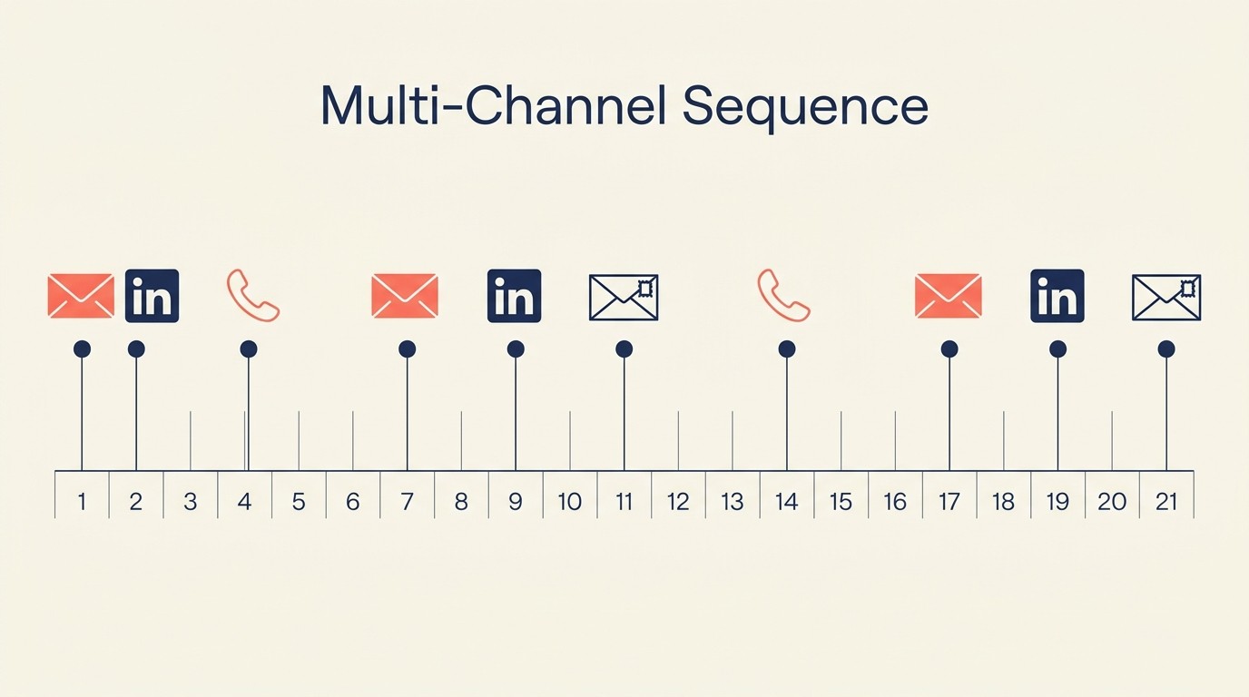 Outreach outbound multicanal por email, LinkedIn, telefone e mala direta