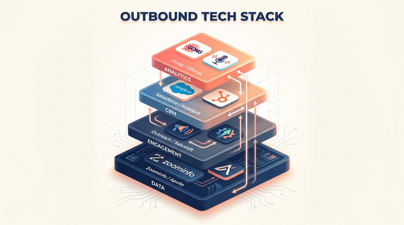 Stack de tecnologia de prospeccao outbound com ferramentas de sales engagement e enriquecimento