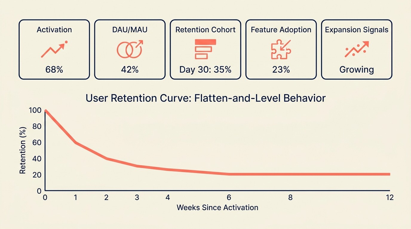 Metrik product analytics kunci termasuk aktivasi, engagement, dan retensi