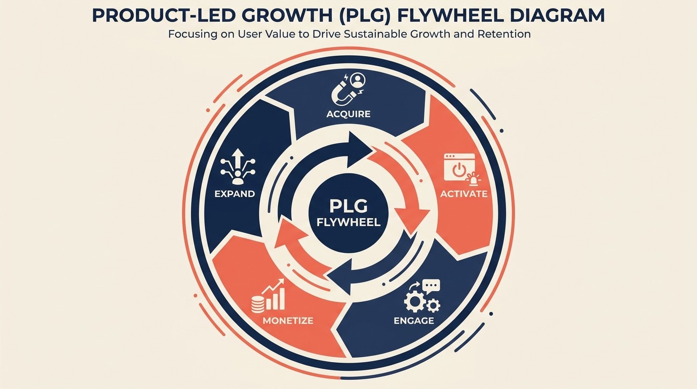 PLG growth flywheel menampilkan akuisisi, aktivasi, engagement, monetisasi, dan loop ekspansi