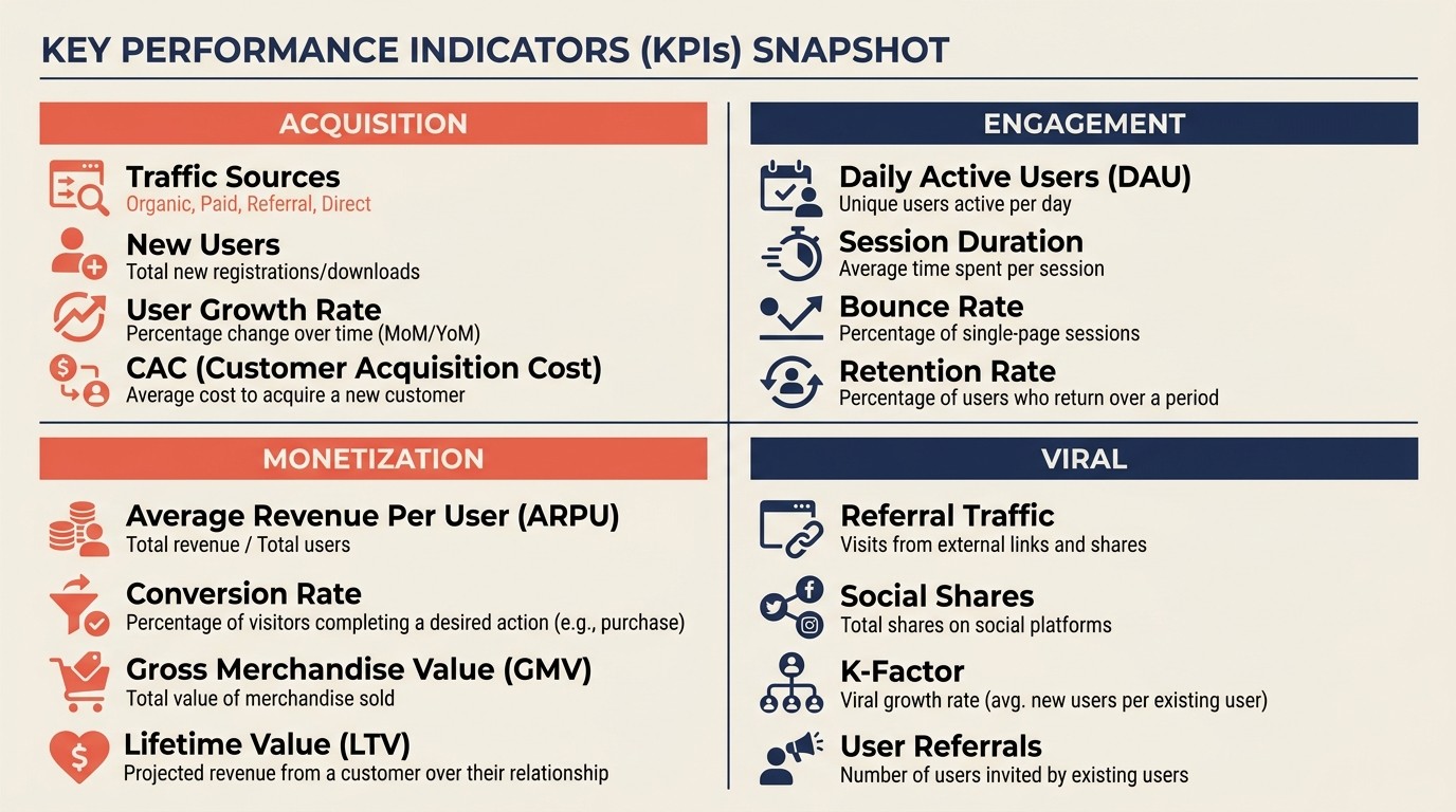 PLG metrics stack mencakup akuisisi, engagement, monetisasi, dan metrik viral