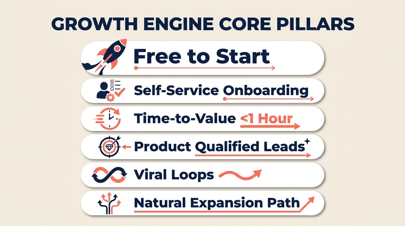 Prinsip product-led growth inti dalam praktik termasuk freemium, self-service, dan viral loop