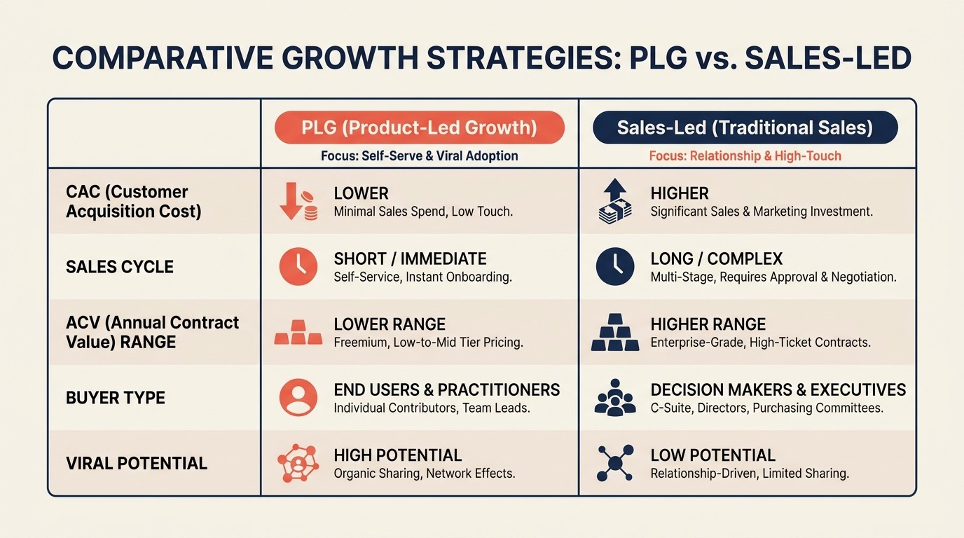 Perbandingan PLG vs sales-led growth dari motion, biaya, siklus, dan kecocokan ideal