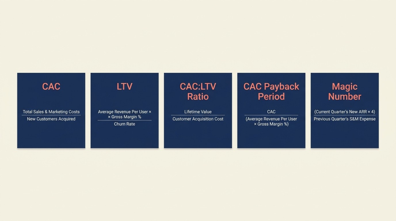 Las cinco métricas críticas de SaaS: CAC, LTV, ratio CAC:LTV, período de recuperación y magic number