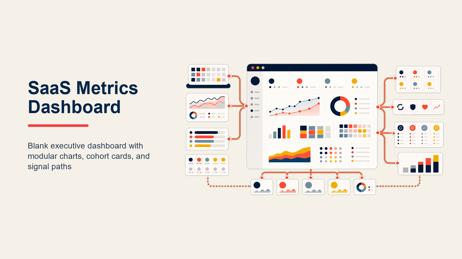 SaaS Metrics Dashboard illustrated with an executive instrument cluster with four distinct signals in Rework editorial style