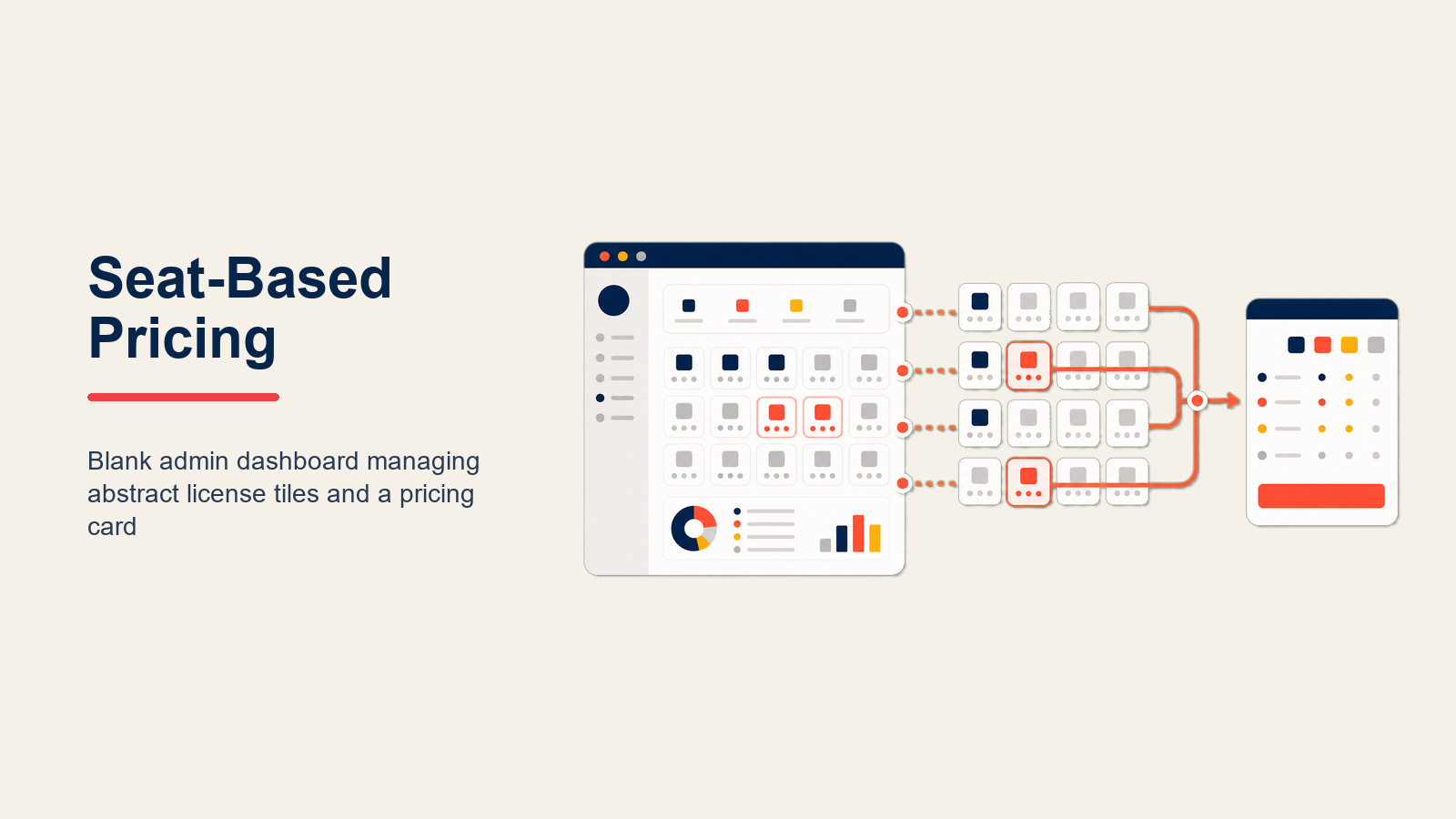 Seat-Based SaaS Pricing illustrated with a modular seating platform that expands around one coral active seat