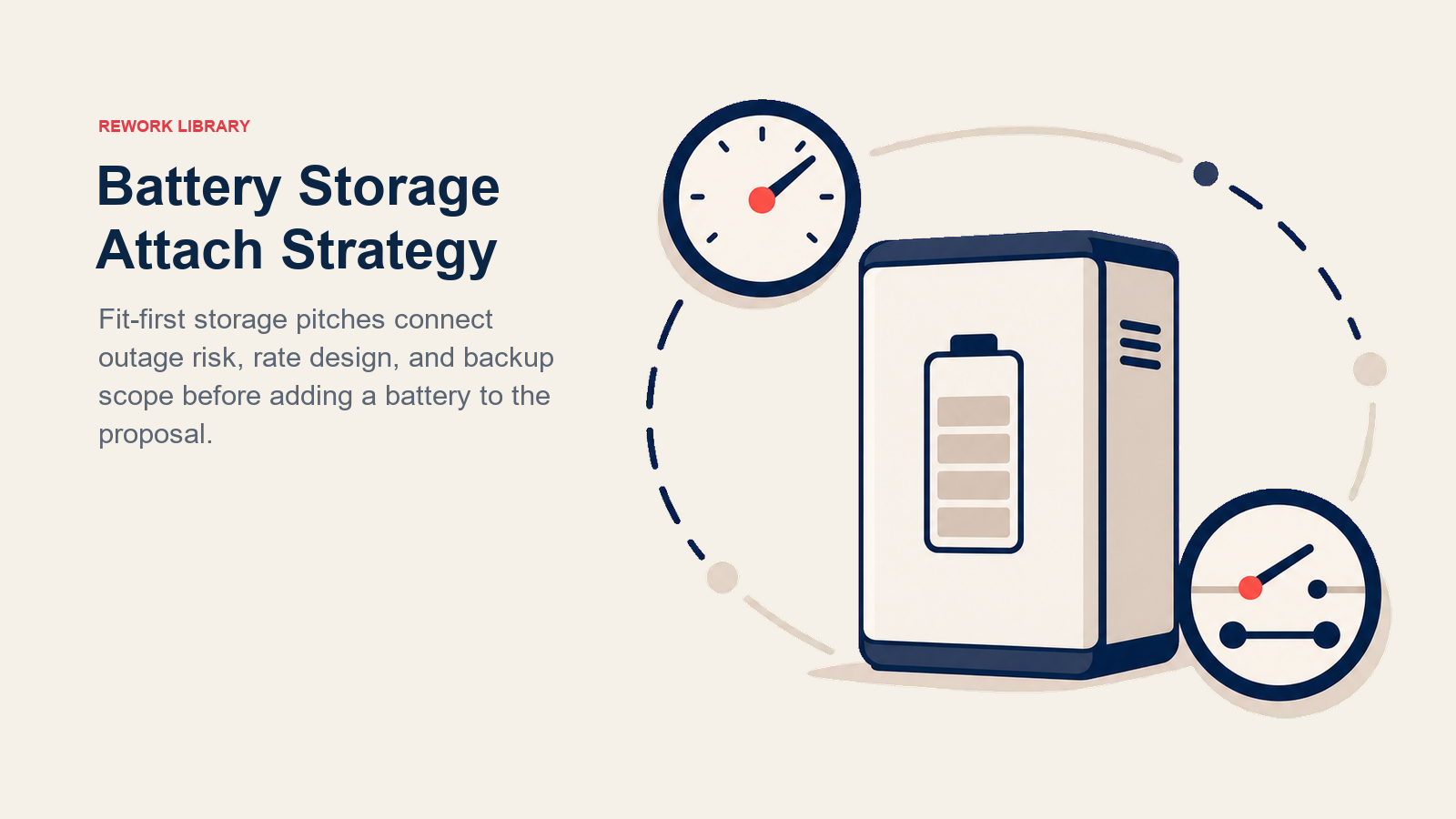 Battery Storage Attach Strategy shown as home battery cell with a rate clock and a backup circuit switch